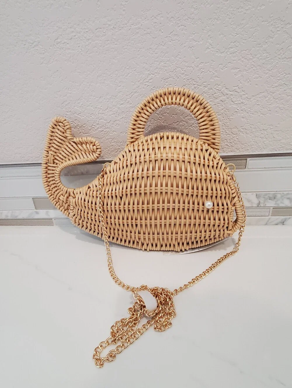 Tommy Bahama Wicker Whale Purse, Chain Strap, in Natural Color, Pearl Eyes - Picture 2 of 7